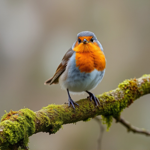 Adult robin perched on mossy branch