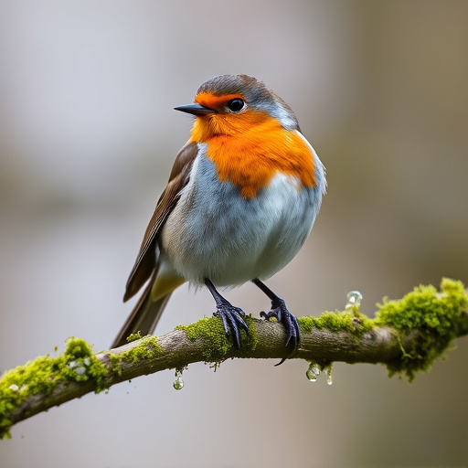Adult robin perched on mossy branch