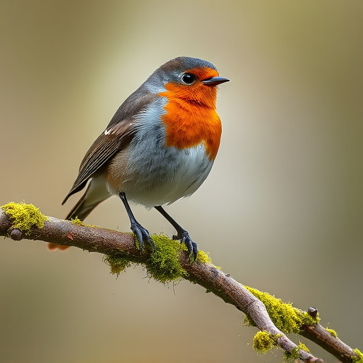 Adult robin perched on mossy branch