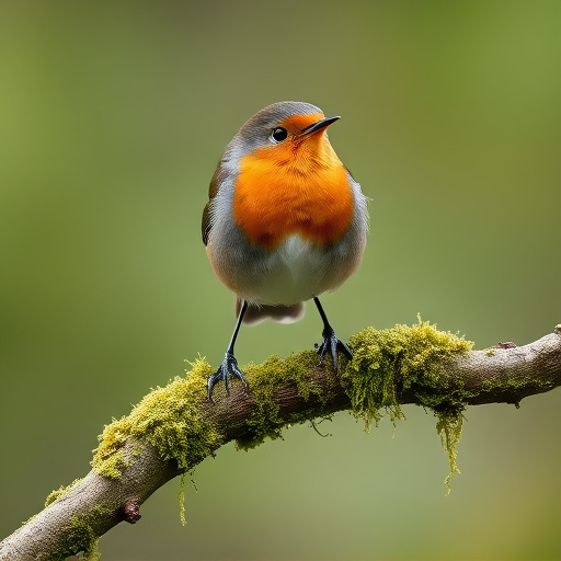 Adult robin perched on mossy branch