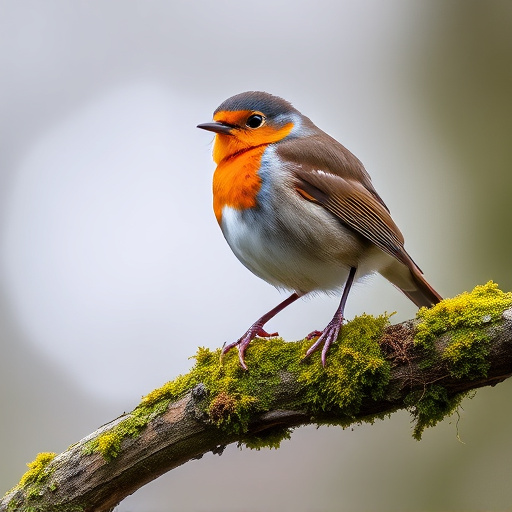 Adult robin perched on mossy branch