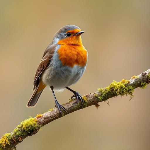 Adult robin perched on mossy branch