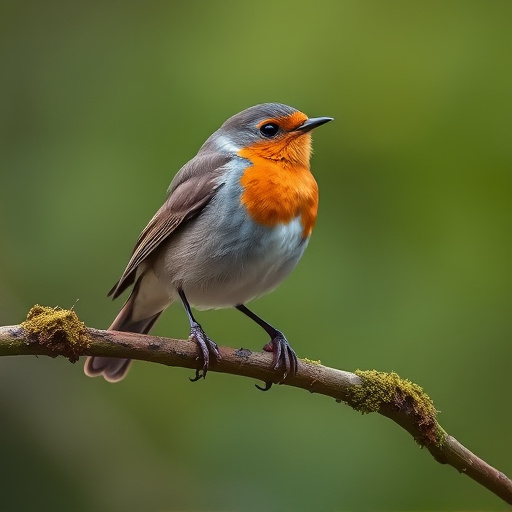 Adult robin perched on mossy branch