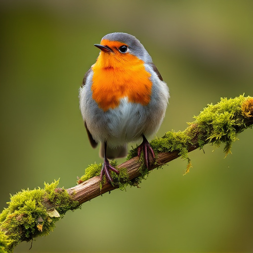 Adult robin perched on mossy branch