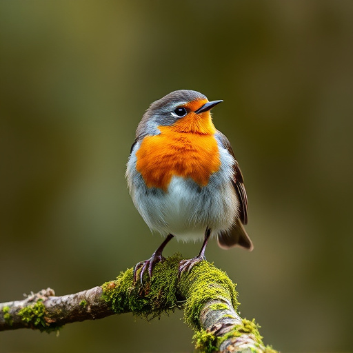 Adult robin perched on mossy branch