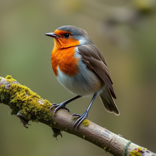 Adult robin perched on mossy branch