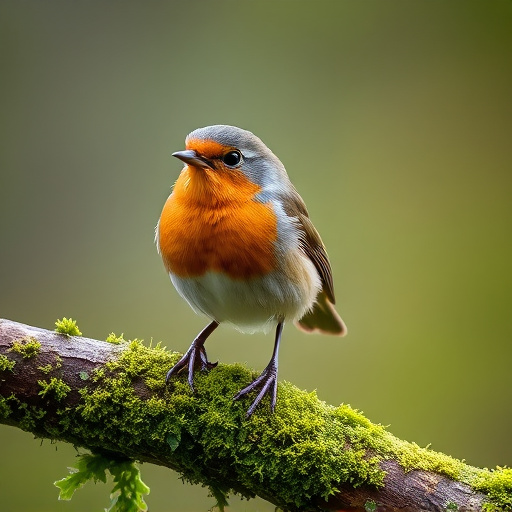 Adult robin perched on mossy branch