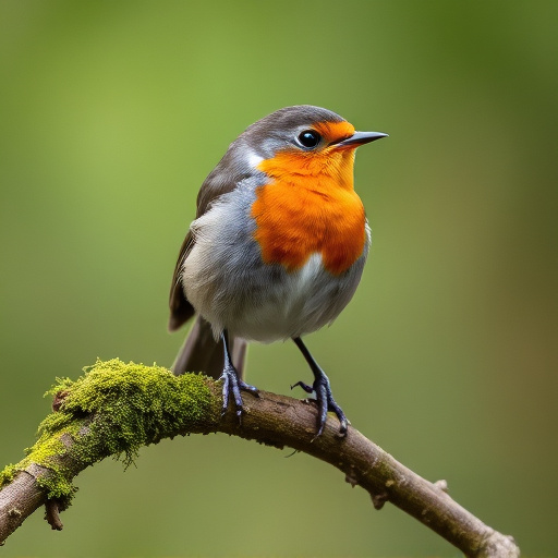 Adult robin perched on mossy branch