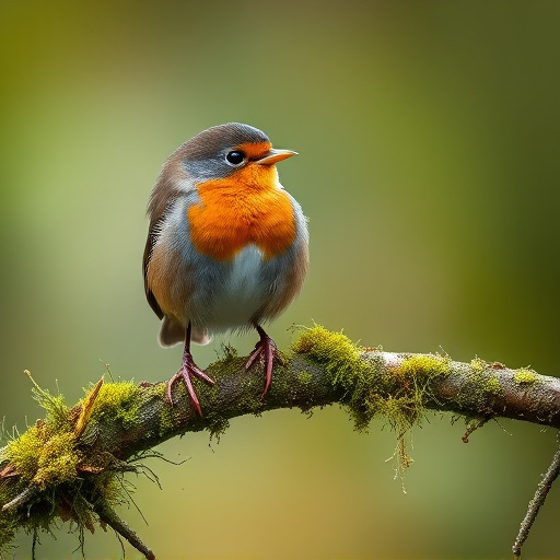 Adult robin perched on mossy branch