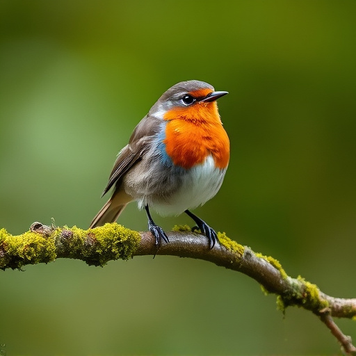 Adult robin perched on mossy branch