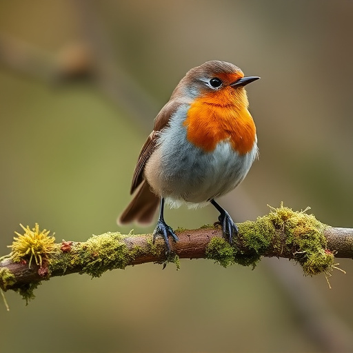 Adult robin perched on mossy branch
