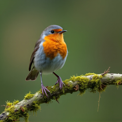 Adult robin perched on mossy branch
