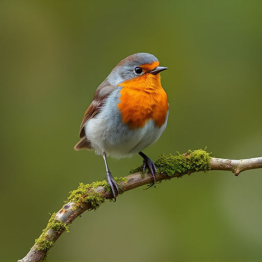 Adult robin perched on mossy branch