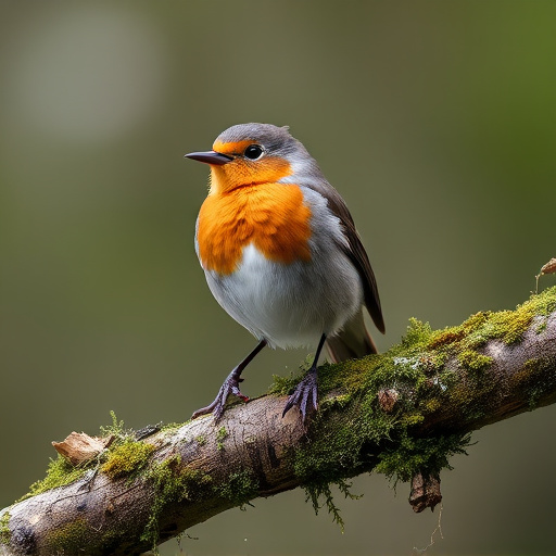 Adult robin perched on mossy branch