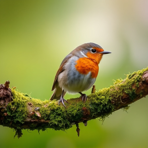Adult robin perched on mossy branch