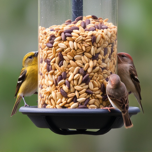 Assorted seeds in feeder for wild birds