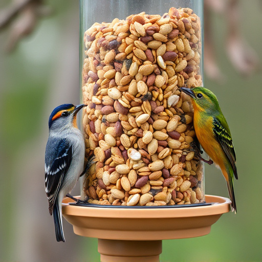Assorted seeds in feeder for wild birds