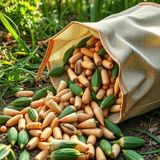 Assorted seeds spilling from bag outdoors