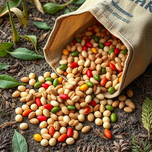 Assorted seeds spilling from bag outdoors