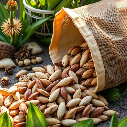 Assorted seeds spilling from bag outdoors