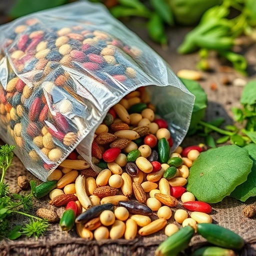 Assorted seeds spilling from bag outdoors