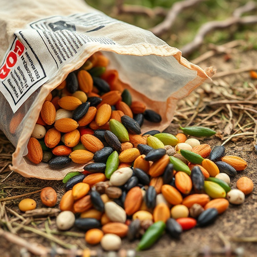 Assorted seeds spilling from bag outdoors