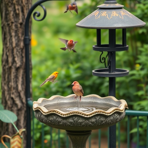Bird bath beside bird feeder station