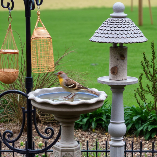 Bird bath beside bird feeder station