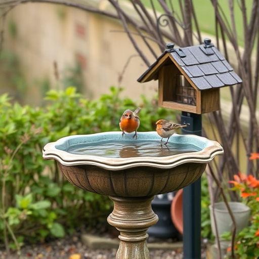 Bird bath beside bird feeder station