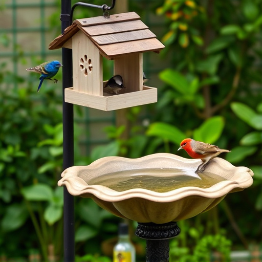 Bird bath beside bird feeder station
