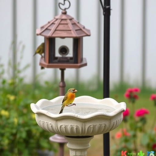 Bird bath beside bird feeder station