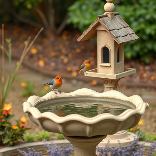 Bird bath beside bird feeder station