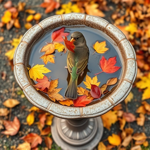 Bird bath filled with autumn leaves