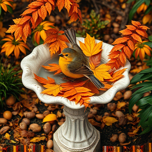 Bird bath filled with autumn leaves