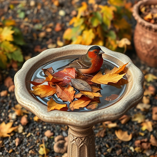 Bird bath filled with autumn leaves