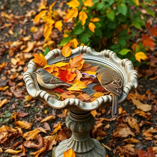 Bird bath filled with autumn leaves
