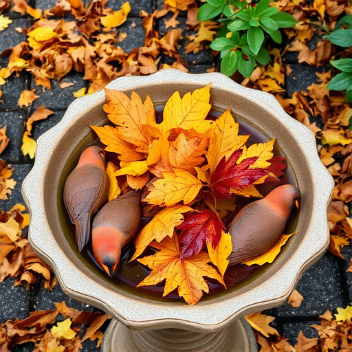 Bird bath filled with autumn leaves