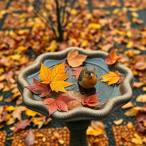 Bird bath filled with autumn leaves