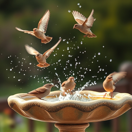 Bird bath with splashing sparrows mid-flight