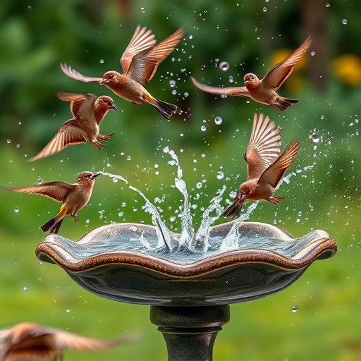 Bird bath with splashing sparrows mid-flight