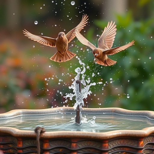 Bird bath with splashing sparrows mid-flight