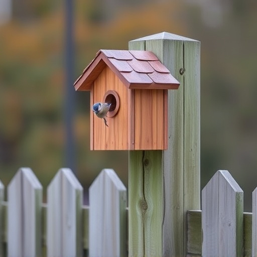 Bird box attached to fence post