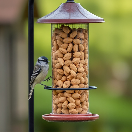 Bird feeder filled with peanuts outdoors