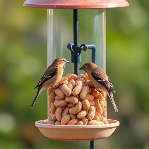 Bird feeder filled with peanuts outdoors