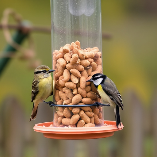 Bird feeder filled with peanuts outdoors