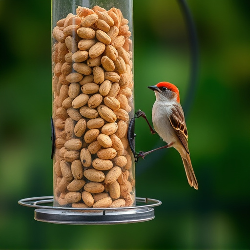 Bird feeder filled with peanuts outdoors