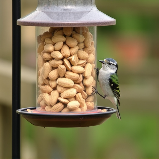 Bird feeder filled with peanuts outdoors