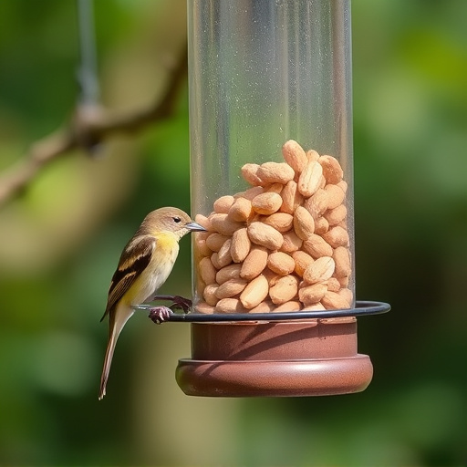 Bird feeder filled with peanuts outdoors