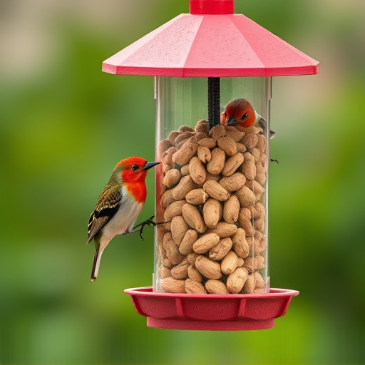 Bird feeder filled with peanuts outdoors