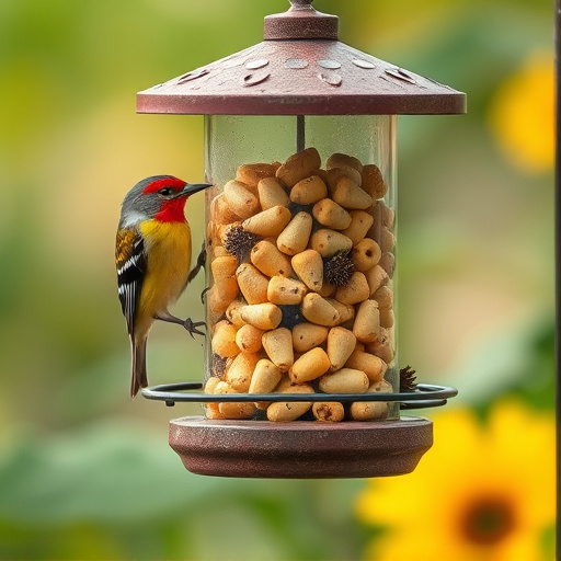Bird feeder filled with sunflower hearts